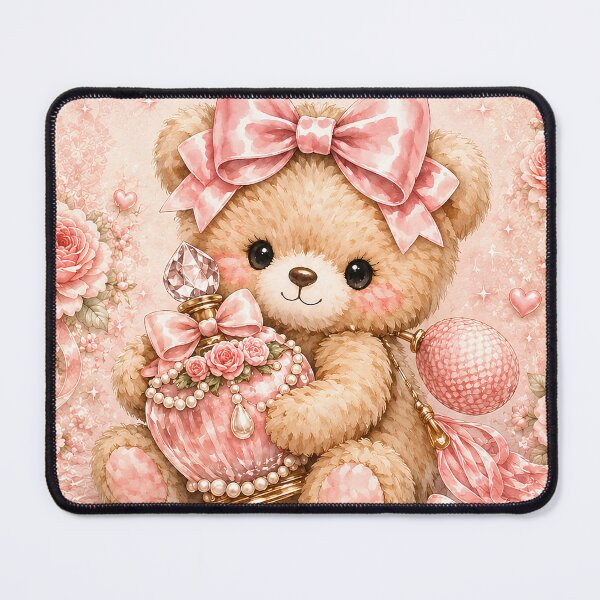 Item preview, Cute Coquette Teddy Bear Holding Vintage Pink Perfume Bottle with Satin Bow and Floral Details – Shabby Chic Kawaii Watercolor Illustration designed and sold by looplandger.