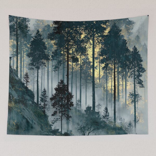 Item preview, Misty Tall Trees Forest in Golden Light - Ethereal Mountain Landscape designed and sold by SlowRegardArt.