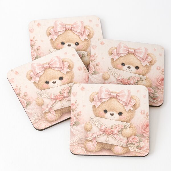Item preview, Cute Coquette Teddy Bear Holding Romantic Vintage Love Letter with Pink Satin Bow, Roses and Pearls – Shabby Chic Kawaii Watercolor Illustration designed and sold by looplandger.