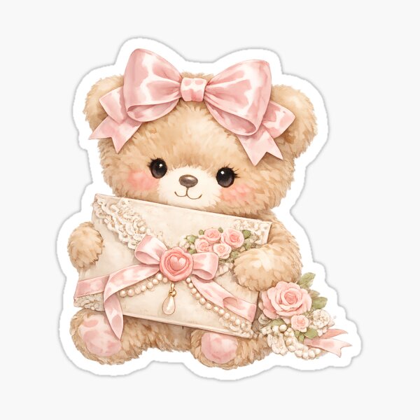 Item preview, Cute Coquette Teddy Bear Holding Romantic Vintage Love Letter with Pink Satin Bow, Roses and Pearls – Shabby Chic Kawaii Watercolor Illustration designed and sold by looplandger.
