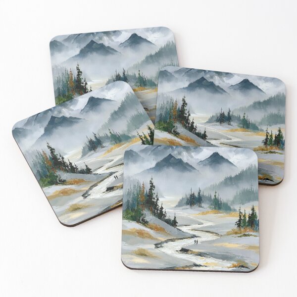 Item preview, Two Figures Walking Through Snowy Misty Mountain Valley - Atmospheric Landscape designed and sold by SlowRegardArt.