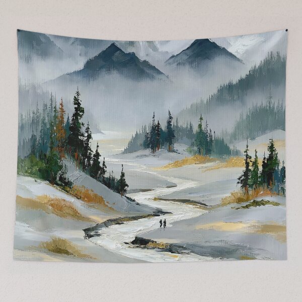 Item preview, Two Figures Walking Through Snowy Misty Mountain Valley - Atmospheric Landscape designed and sold by SlowRegardArt.