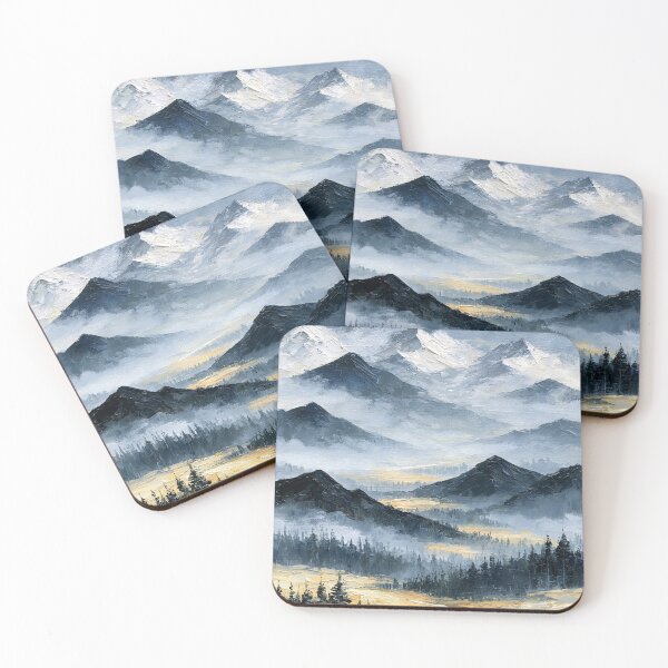 Item preview, Snow-Capped Misty Mountains with Golden Valley Light - Atmospheric Landscape designed and sold by SlowRegardArt.