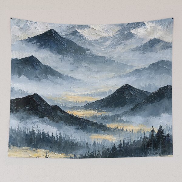 Item preview, Snow-Capped Misty Mountains with Golden Valley Light - Atmospheric Landscape designed and sold by SlowRegardArt.