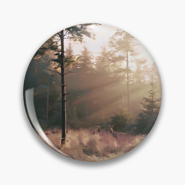Item preview, Deer in Golden Misty Pine Forest Clearing - Atmospheric Landscape designed and sold by SlowRegardArt.