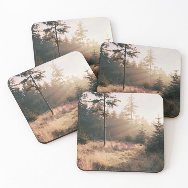 Item preview, Deer in Golden Misty Pine Forest Clearing - Atmospheric Landscape designed and sold by SlowRegardArt.