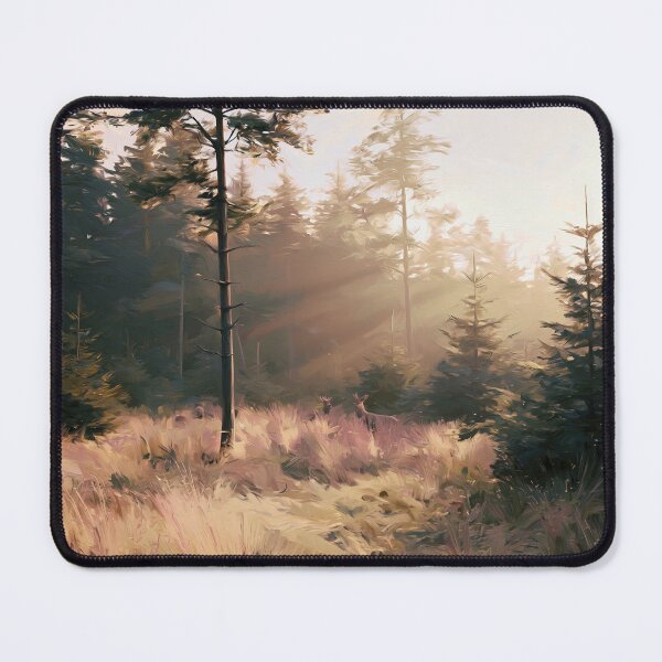 Item preview, Deer in Golden Misty Pine Forest Clearing - Atmospheric Landscape designed and sold by SlowRegardArt.