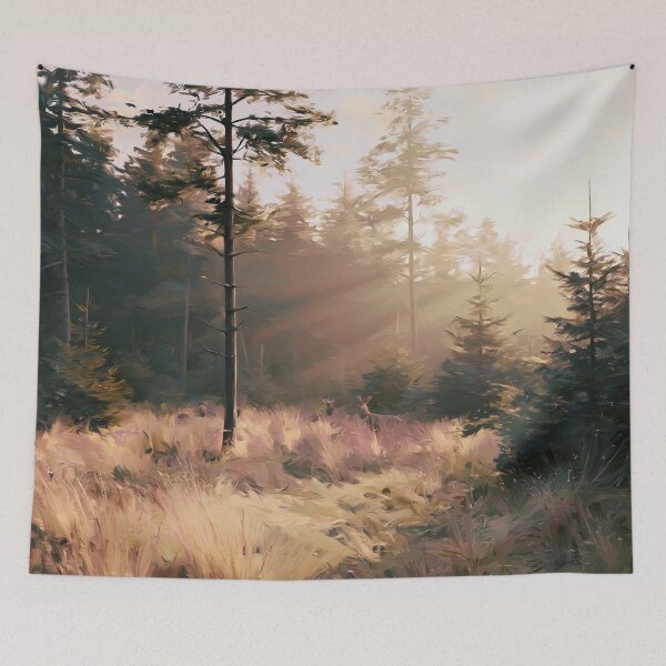 Item preview, Deer in Golden Misty Pine Forest Clearing - Atmospheric Landscape designed and sold by SlowRegardArt.
