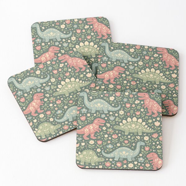 Item preview, Folk Art Dinosaurs in a Vintage Floral Meadow designed and sold by Owcomm.