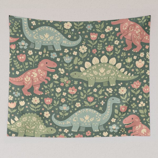 Item preview, Folk Art Dinosaurs in a Vintage Floral Meadow designed and sold by Owcomm.