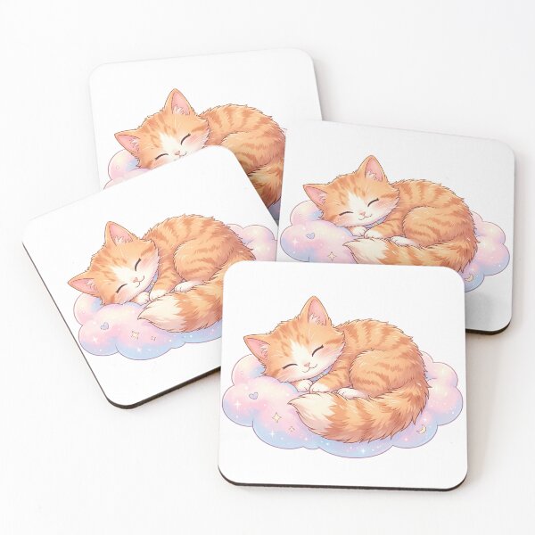 Item preview, Sleeping Ginger Kitten on Dreamy Cloud Kawaii Cat Fantasy Illustration designed and sold by 299Art.