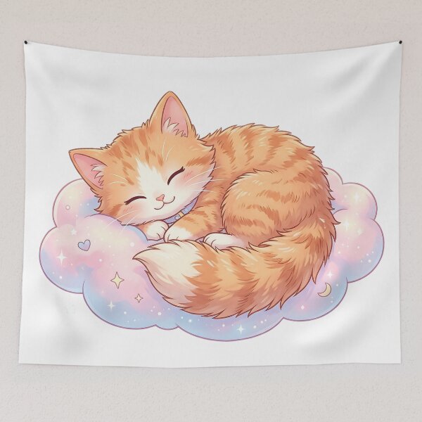 Item preview, Sleeping Ginger Kitten on Dreamy Cloud Kawaii Cat Fantasy Illustration designed and sold by 299Art.
