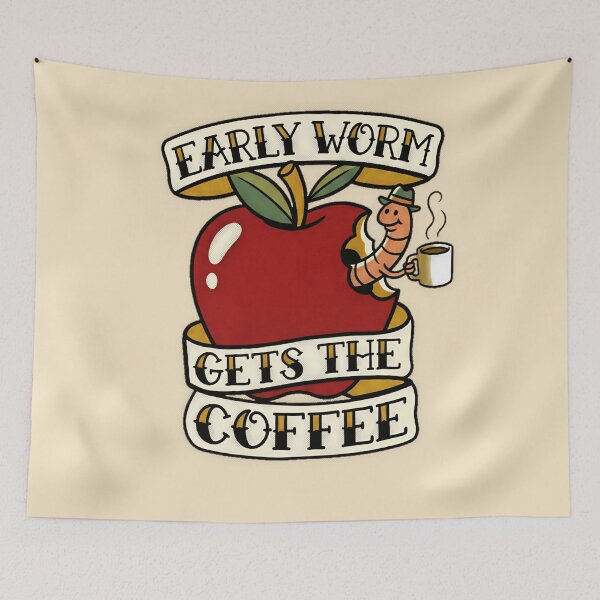 Item preview, Early Worm Gets The Coffee Apple Tattoo Flash Graphic T— Funny Coffee Lover Morning Humor  designed and sold by SkTee2k.