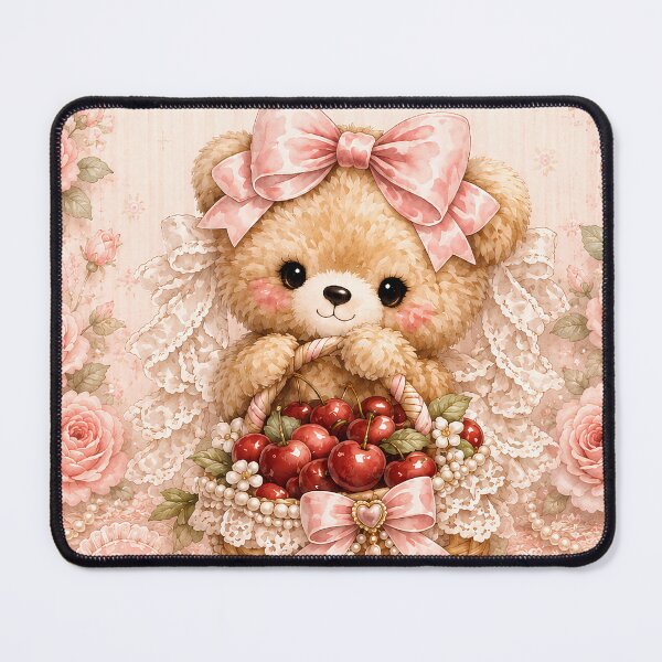 Item preview, Cute Coquette Teddy Bear Holding Cherry Basket with Pink Satin Bow, Lace Wings and Romantic Cottagecore Watercolor Illustration designed and sold by looplandger.