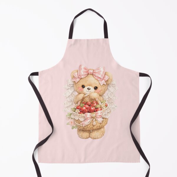 Item preview, Cute Coquette Teddy Bear Holding Cherry Basket with Pink Satin Bow, Lace Wings and Romantic Cottagecore Watercolor Illustration designed and sold by looplandger.