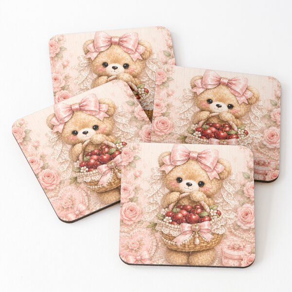 Item preview, Cute Coquette Teddy Bear Holding Cherry Basket with Pink Satin Bow, Lace Wings and Romantic Cottagecore Watercolor Illustration designed and sold by looplandger.