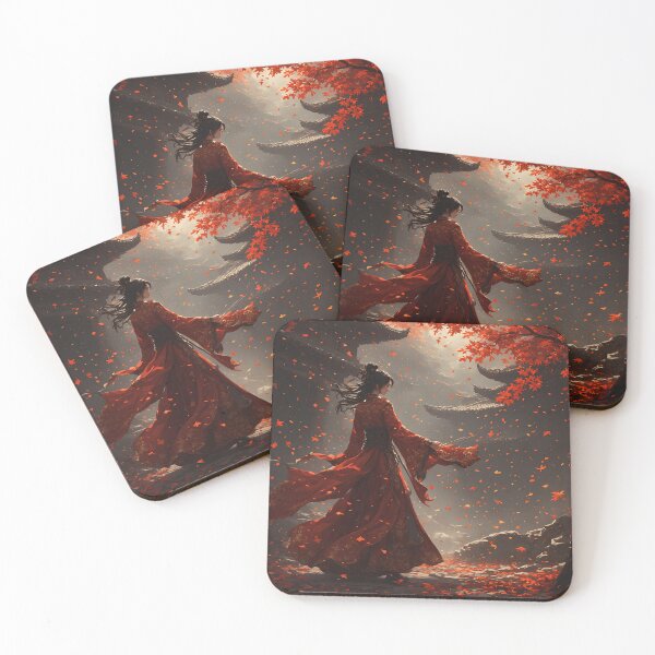 Item preview, Elegant Woman in Red Kimono - Autumn Leaves Fantasy Scene designed and sold by MegaStore101.