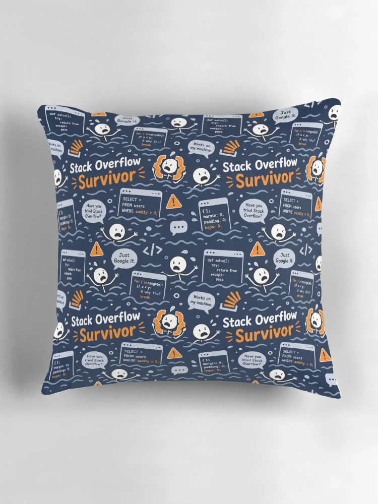 Thumbnail 3 of 4, Pillow, Stack Overflow Survivor – Programmer Panic Pattern designed and sold by DebugLab.