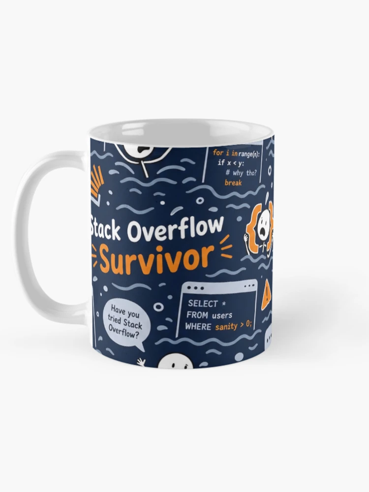 Thumbnail 5 of 6, Coffee Mug, Stack Overflow Survivor – Programmer Panic Pattern designed and sold by DebugLab.