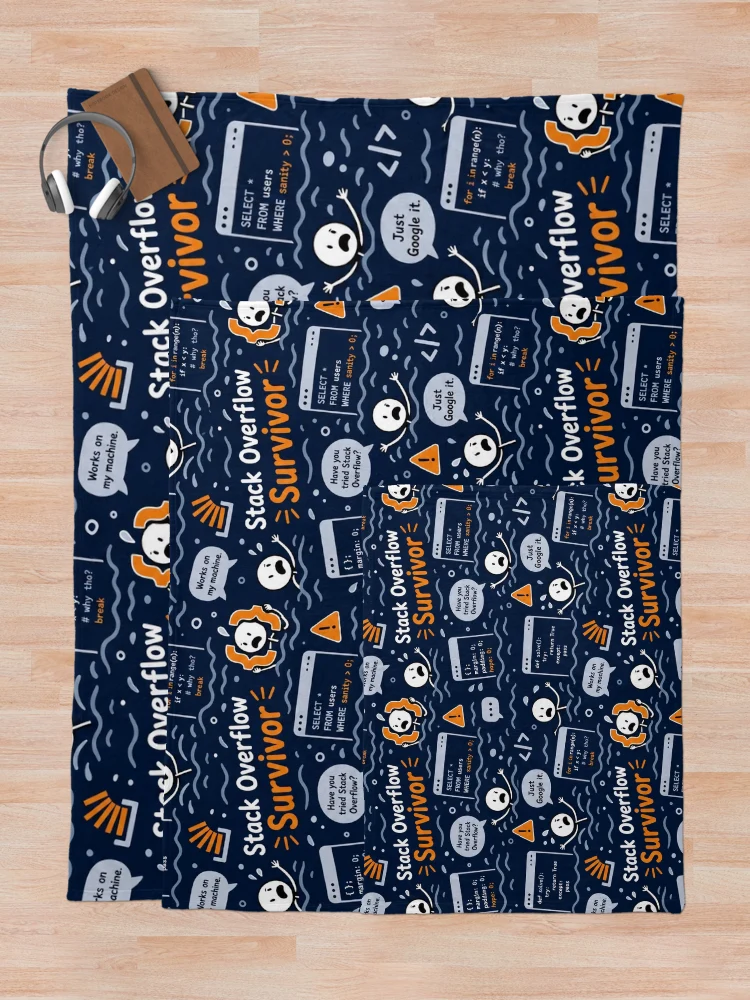 Thumbnail 5 of 6, Throw Blanket, Stack Overflow Survivor – Programmer Panic Pattern designed and sold by DebugLab.