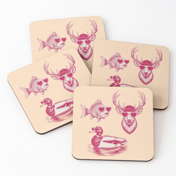 Item preview, a fish wearing heart-shaped sunglasses, a deer with long antlers wearing a backwards baseball hat and heart-shaped sunglasses, and a mallard wearing heart-shaped sunglasses designed and sold by 123ks.