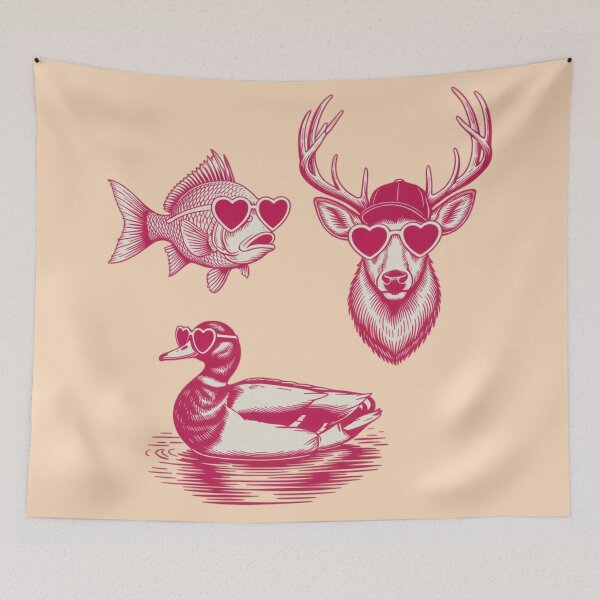 Item preview, a fish wearing heart-shaped sunglasses, a deer with long antlers wearing a backwards baseball hat and heart-shaped sunglasses, and a mallard wearing heart-shaped sunglasses designed and sold by 123ks.