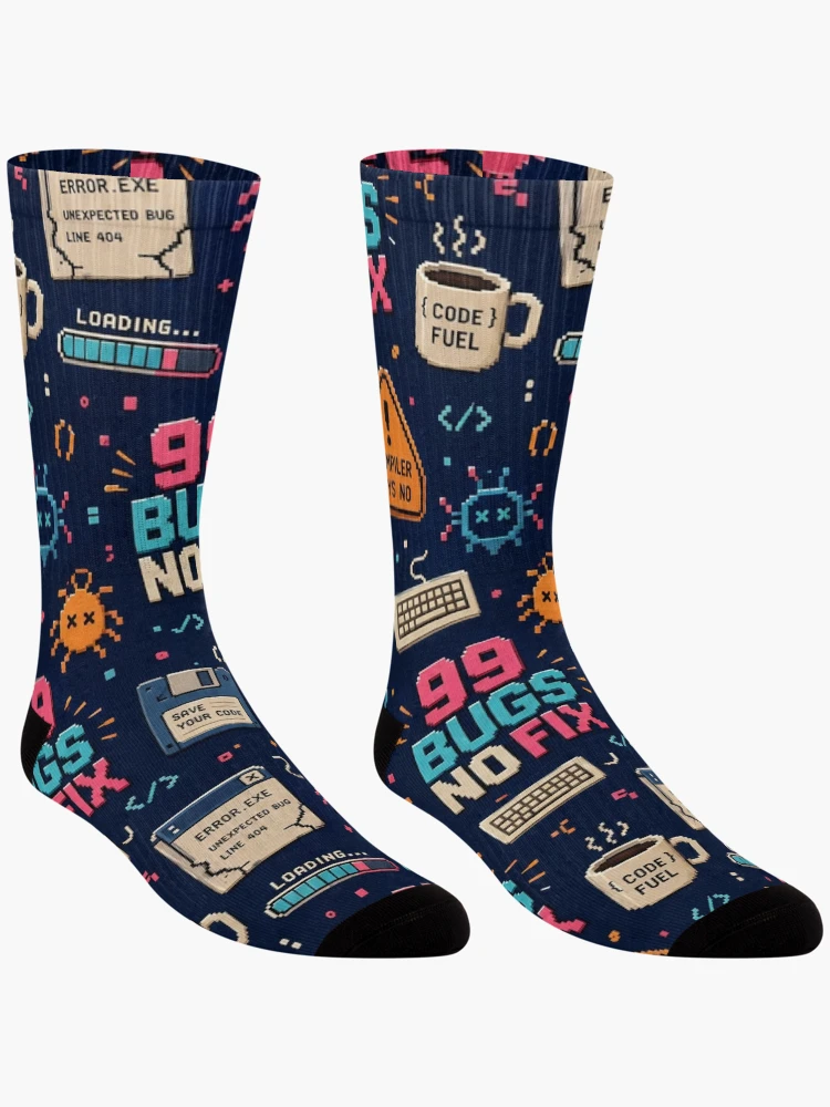 Thumbnail 3 of 5, Socks, 99 Bugs No Fix Retro Developer Pattern designed and sold by DebugLab.
