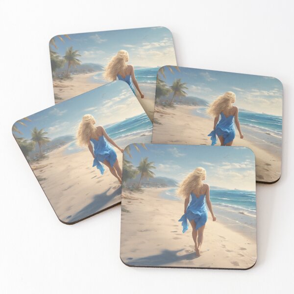 Item preview, Blonde Girl in Blue Dress Walking on Tropical Beach designed and sold by UmSkelig834.