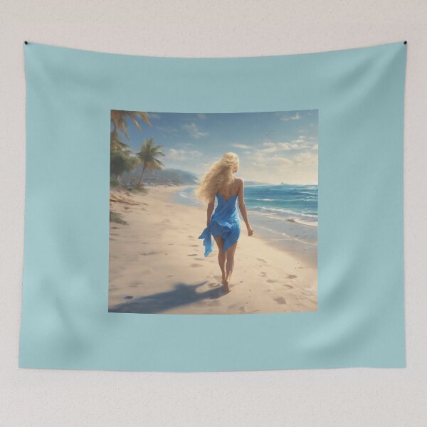 Item preview, Blonde Girl in Blue Dress Walking on Tropical Beach designed and sold by UmSkelig834.