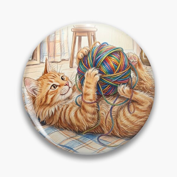 Item preview, Fluffy Ginger Cat Playing with Multicolored Yarn Ball designed and sold by FloreDreamStudio.