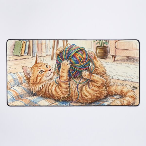 Item preview, Fluffy Ginger Cat Playing with Multicolored Yarn Ball designed and sold by FloreDreamStudio.