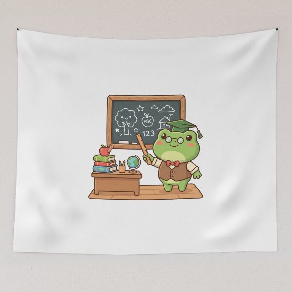 Item preview, Kawaii Teacher Frog Teaching in Classroom with Blackboard Books and Graduation Cap designed and sold by AbanoubStore.