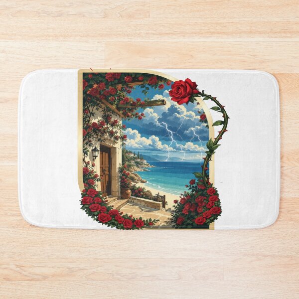Item preview, RAY Rose Beach Coastal Paradise Art T-Shirt | Ocean View Floral Landscape Graphic Tee designed and sold by RAYapparel.
