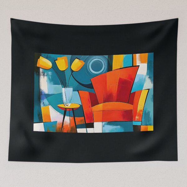 Item preview, Red Chair and Golden Blooms - A Vibrant Geometric Still Life Filled with Modern Charm designed and sold by OlfactoART Studio.