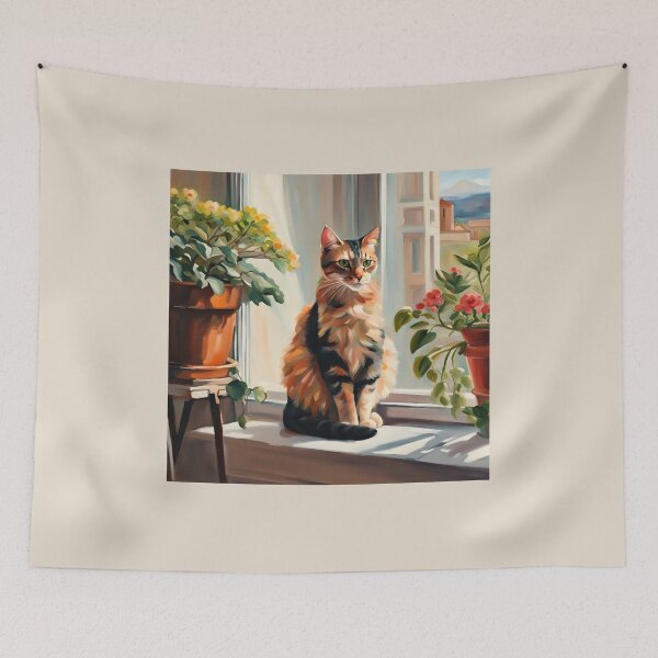Item preview, Cozy Calico Cat on Sunny Window Sill Cottagecore Painting designed and sold by UmSkelig834.