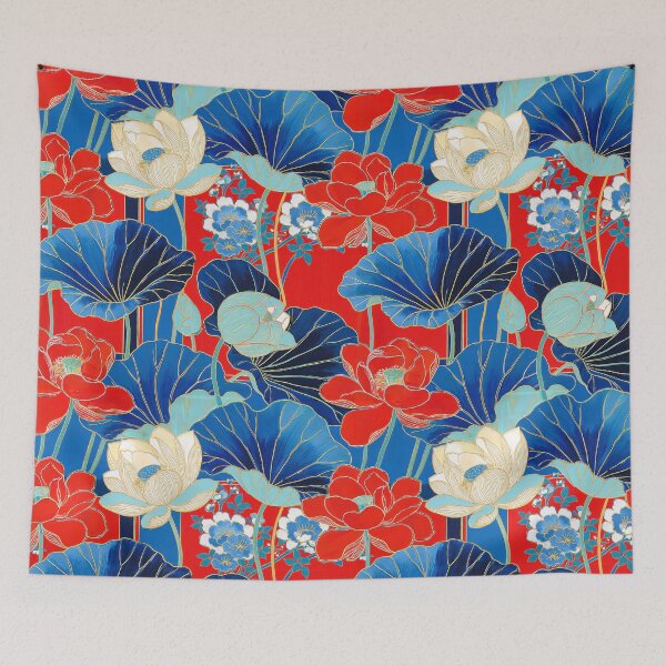Item preview, Bold Red and Indigo Blue Oriental Lotus Seamless Pattern designed and sold by dawnleblanc55.
