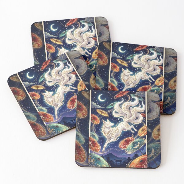 Item preview, Mystical Kitsune Fox and Glowing Wagasa Umbrellas - Japanese Neo-Traditional Art designed and sold by Hikariha Studio.