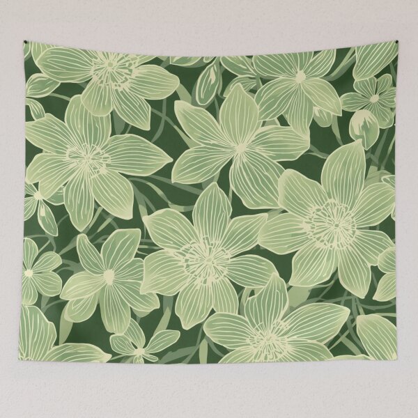 Item preview, White lined Japanese flowers  designed and sold by Roxburylane.