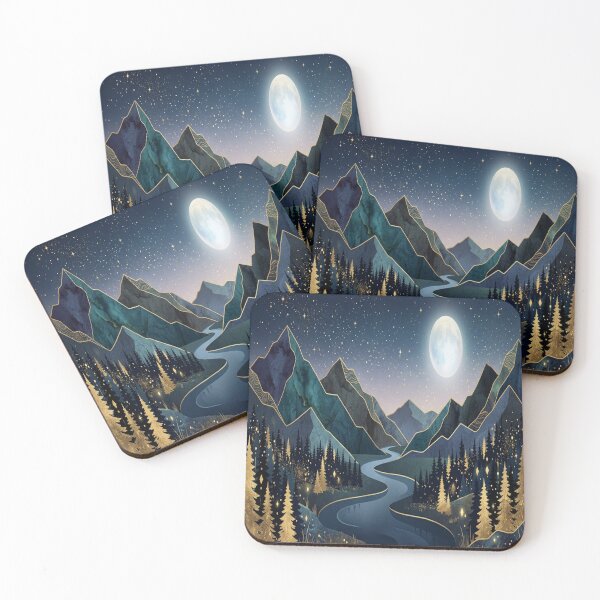 Item preview, Night Mountain River Gold Moon Abstract Landscape designed and sold by MakarenaCreate.