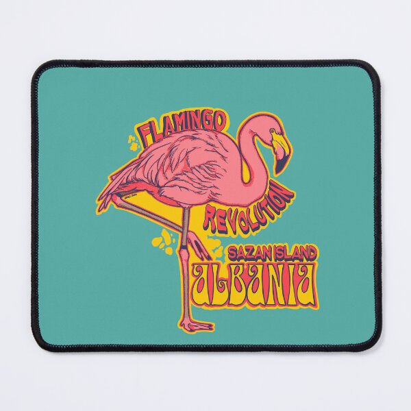 Item preview, Flamingo Sticker Retro Travel Poster – Pink Flamingo Art Sazan Island Albania Vintage Illustration designed and sold by KerlZ.
