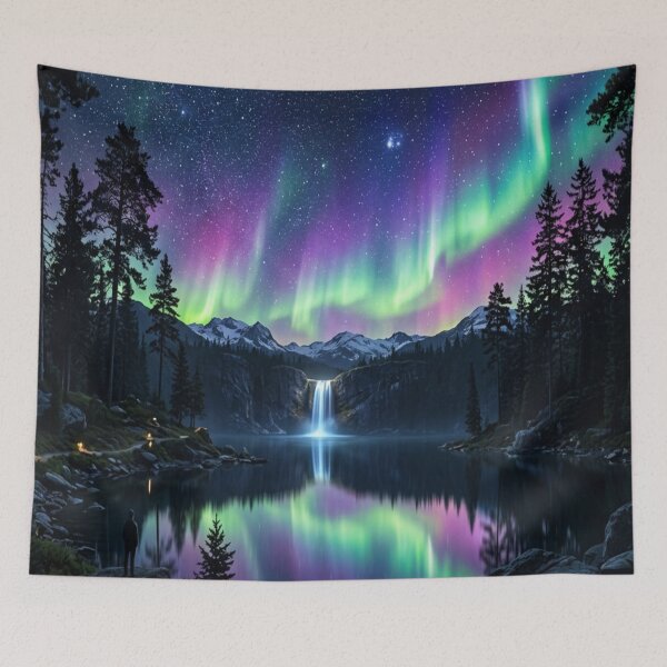 Item preview, Northern Lights Aurora Borealis Waterfall Reflection Art designed and sold by MakarenaCreate.