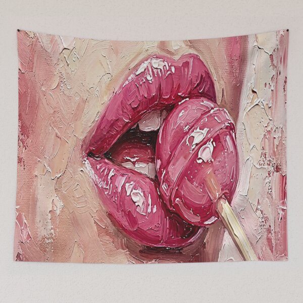 Item preview, Glossy Pink Lips and Lollipop Impasto Oil Painting Art designed and sold by MakarenaCreate.