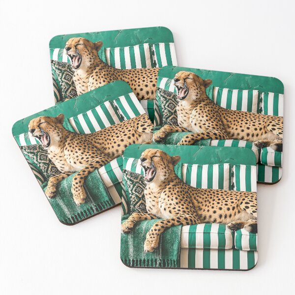 Item preview, Yawning Cheetah on Green Striped Sofa Vintage Art designed and sold by MakarenaCreate.