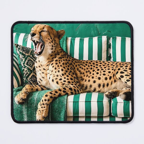 Item preview, Yawning Cheetah on Green Striped Sofa Vintage Art designed and sold by MakarenaCreate.