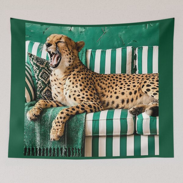 Item preview, Yawning Cheetah on Green Striped Sofa Vintage Art designed and sold by MakarenaCreate.