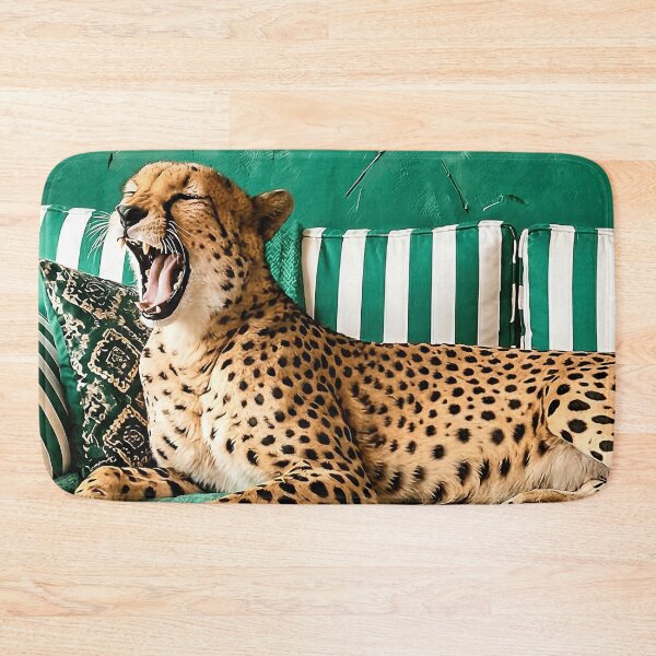 Item preview, Yawning Cheetah on Green Striped Sofa Vintage Art designed and sold by MakarenaCreate.
