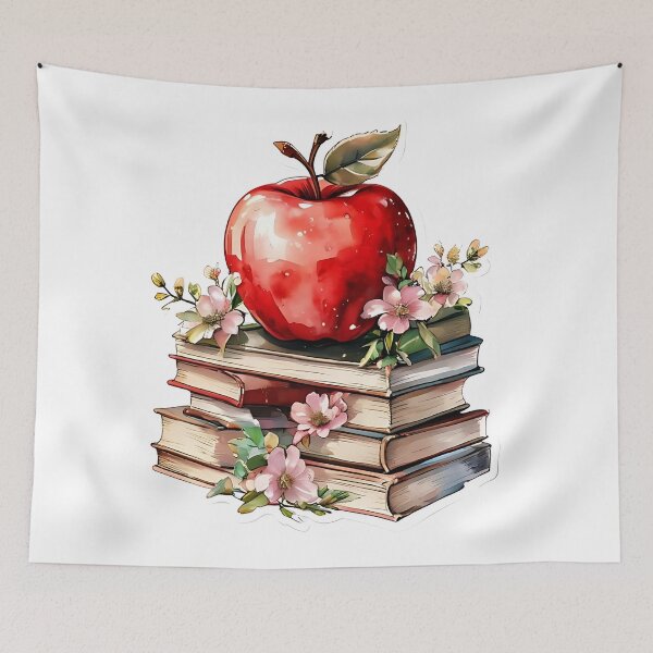 Item preview, Apple Books: Red Apple on Vintage Books Watercolor designed and sold by Mercella-Inc.