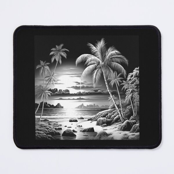 Item preview, Black and White Tropical Beach Palm Tree Landscape designed and sold by inkoutninja.