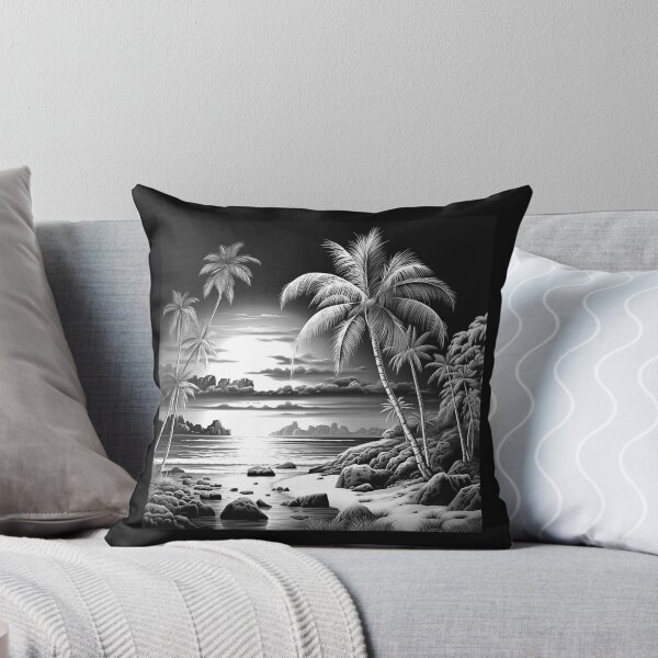 Item preview, Black and White Tropical Beach Palm Tree Landscape designed and sold by inkoutninja.