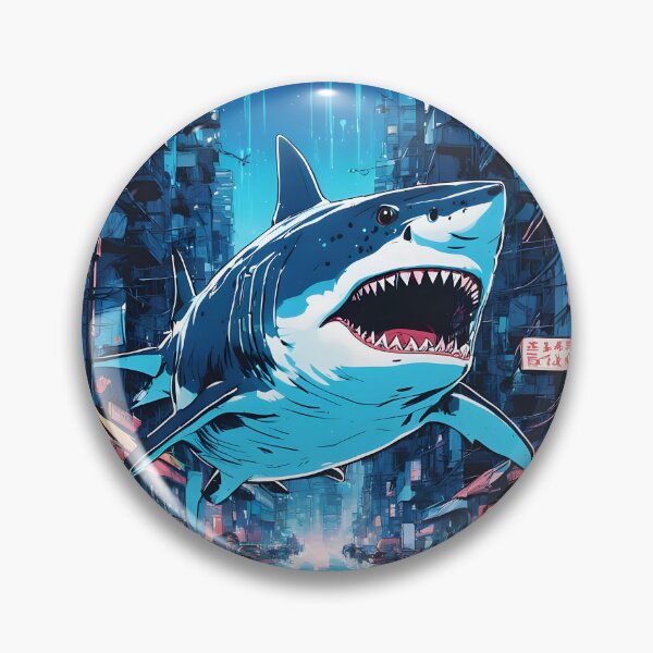 Item preview, Flying Great White Shark in Cyberpunk City | Neon Sci-Fi Street Art designed and sold by Ikbel Studio.